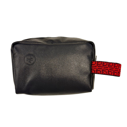 Leather Toiletry Bag w/Embroidery - Black & Red