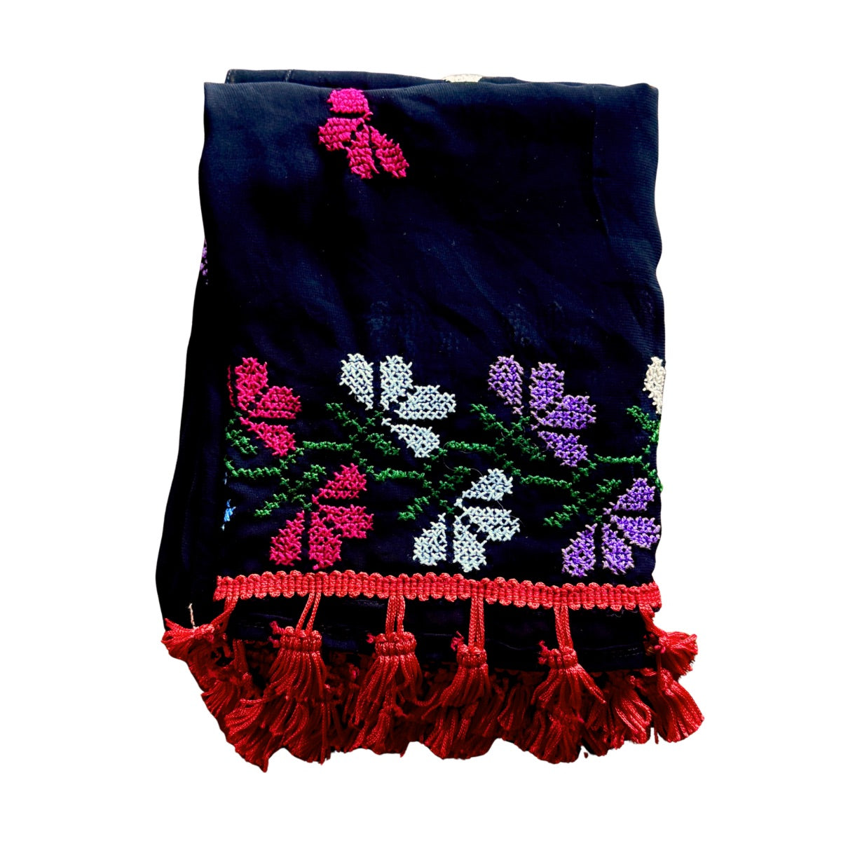 Embroidered Chiffon Scarf - Flowers w/Red Tassels