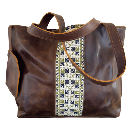 Leather Tote Bag w/Embroidery - Brown