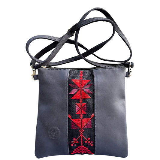 Leather Cross Body Bag w/Embroidery - Blue Black