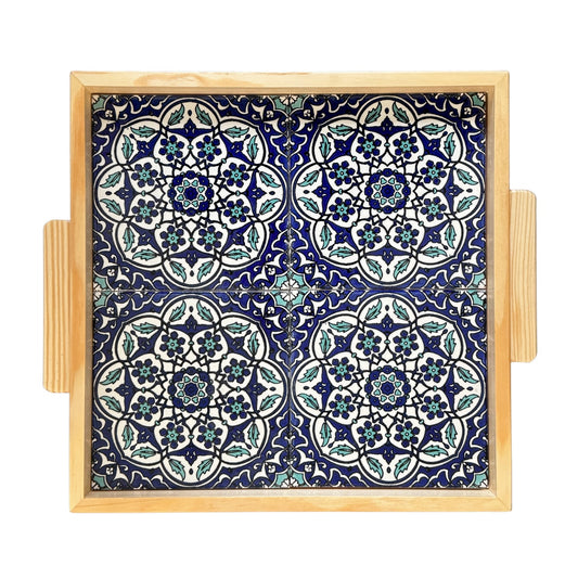 Ceramic and Wood Serving Tray - Aqua & Blue Circles