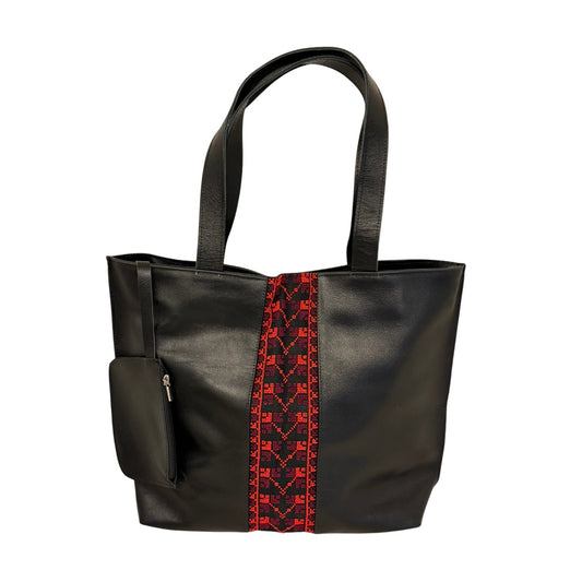 Leather Tote Bag with Embroidery - Black