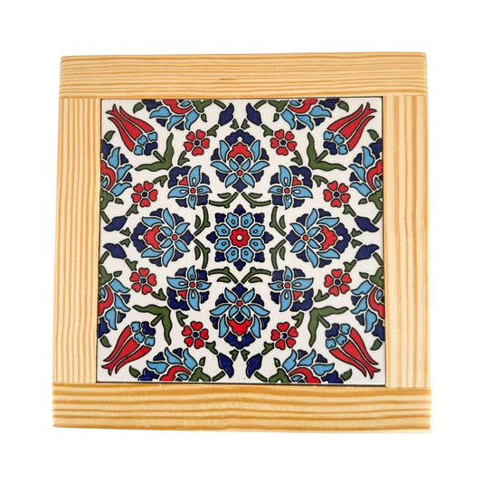 Ceramic Tile & Wood Trivet - Blue and Red Tulip