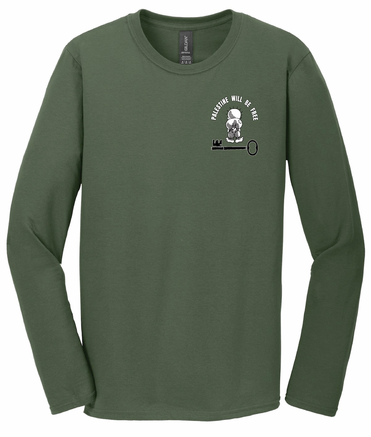 "Palestine Will Be Free" with Handala Long Sleeve T-Shirt - Green