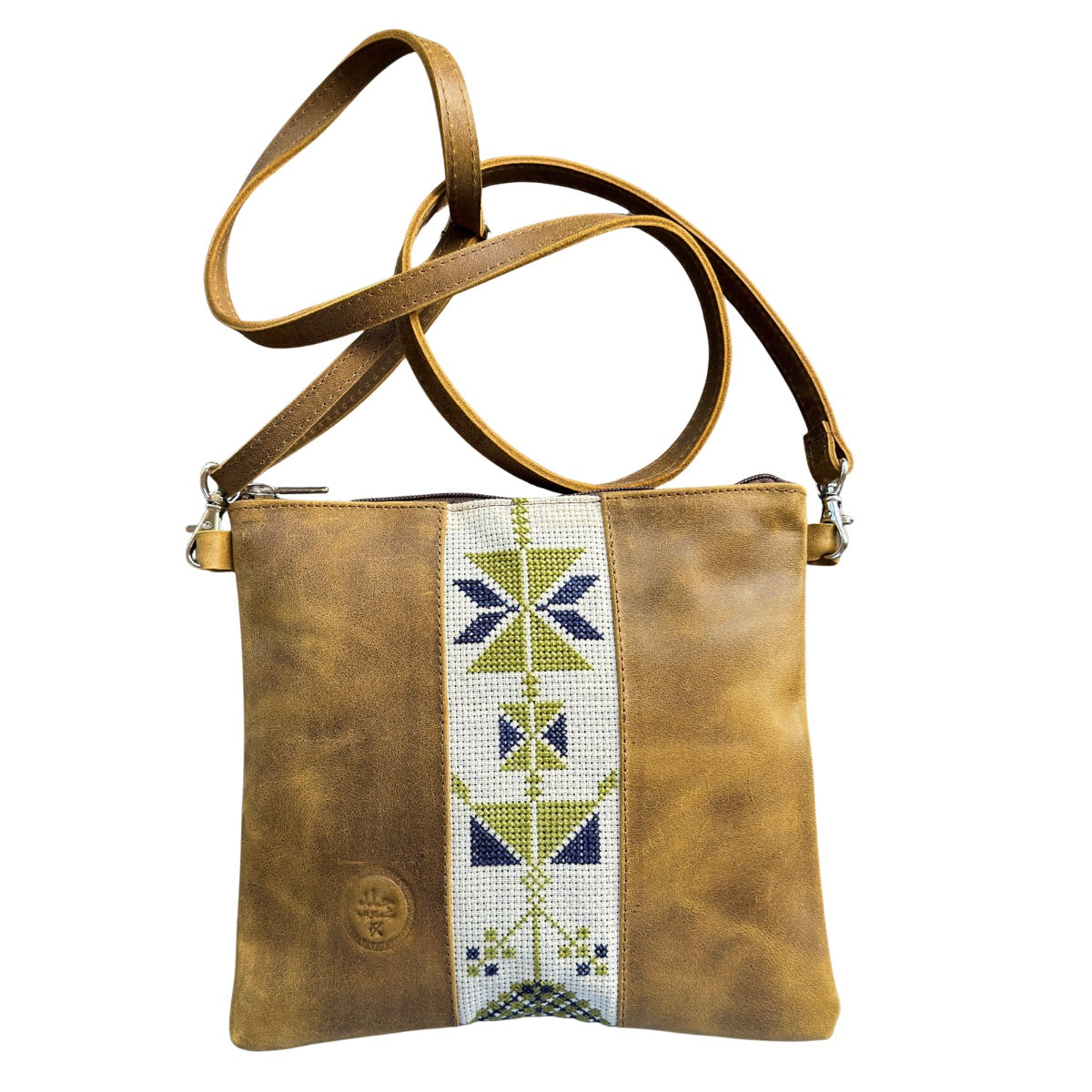Leather Cross Body Bag w/Embroidery - Khaki