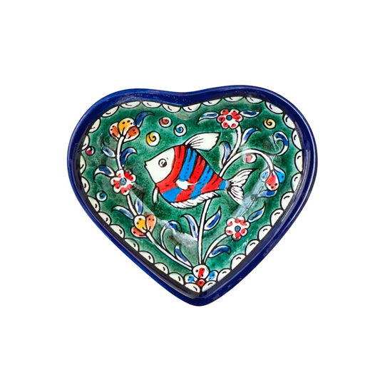 Ceramic Heart Dish (5") - Green Fish (w/Red)