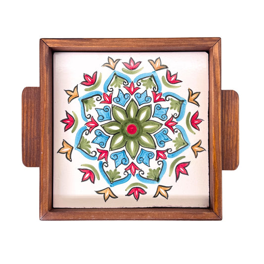 Ceramic & Wood Tray - Floral Arabesque