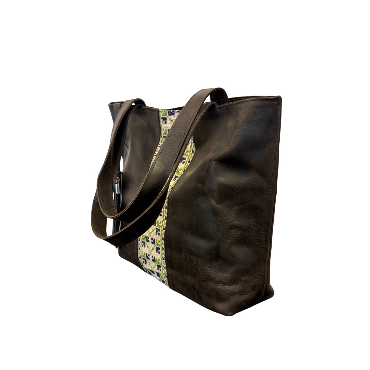 Leather Tote Bag with Embroidery - Dark Brown