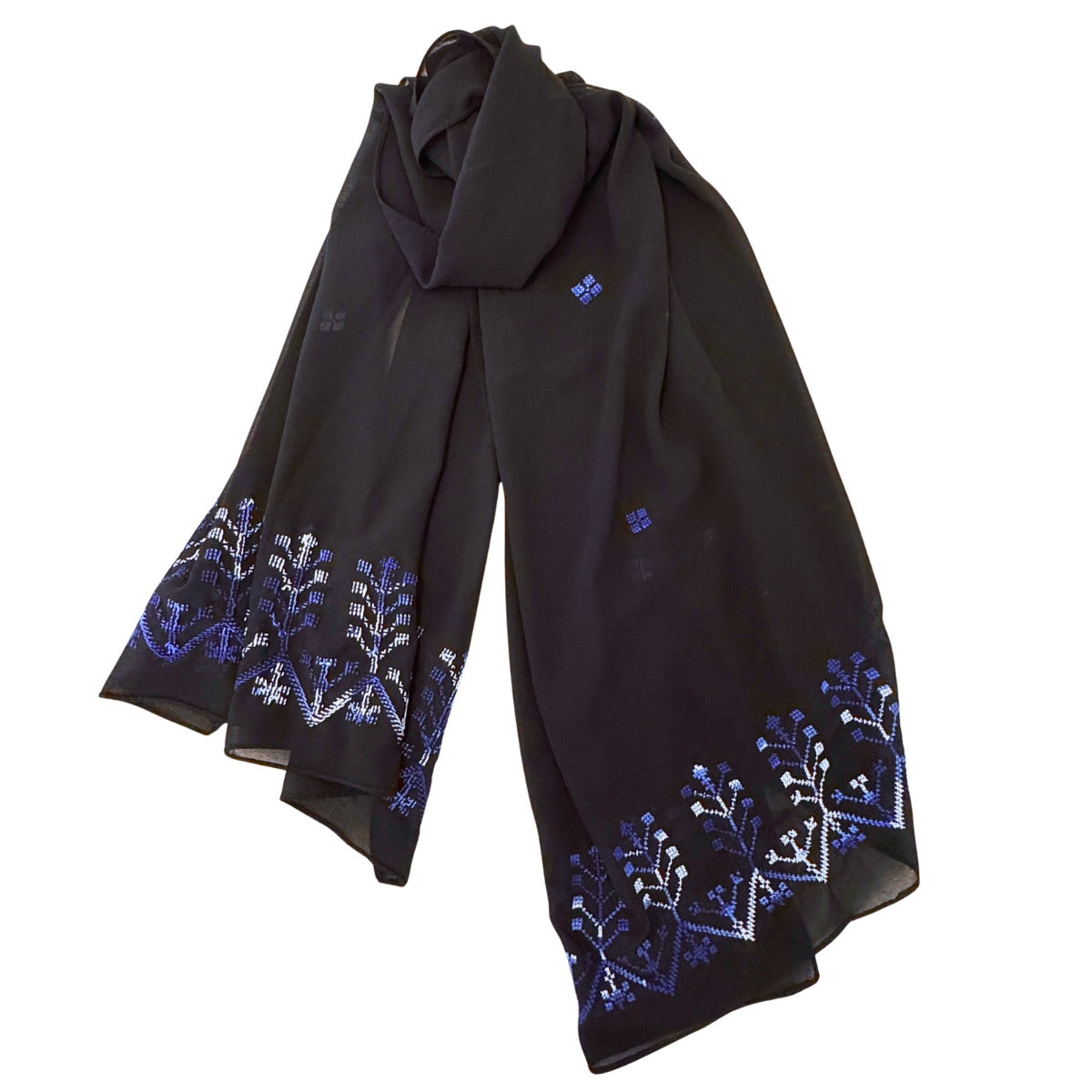 Embroidered Chiffon Scarf - Gradient Blues