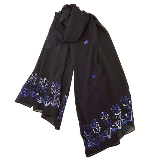 Embroidered Chiffon Scarf - Gradient Blues