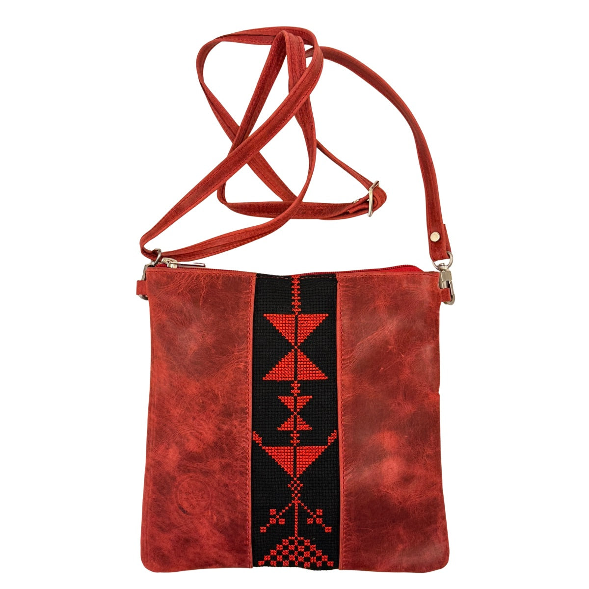 Leather Cross Body Bag w/Embroidery - Red