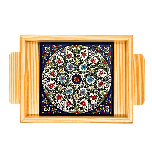 Ceramic & Wood Serving Tray, One Tile- Multicolor Vine
