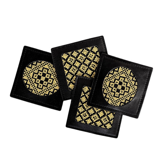 Leather Tatreez Coaster Set of 4 - Gold