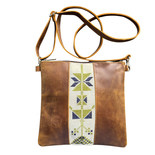 Leather Cross Body Bag w/Embroidery - Brown
