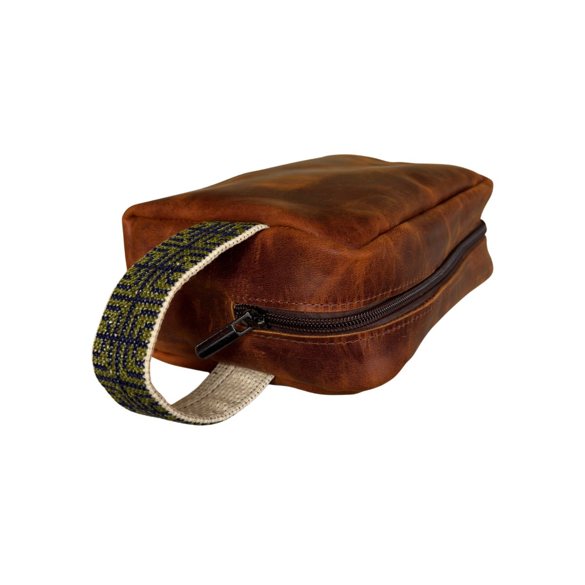 Leather Toiletry Bag w/Embroidery - Brown w/Green