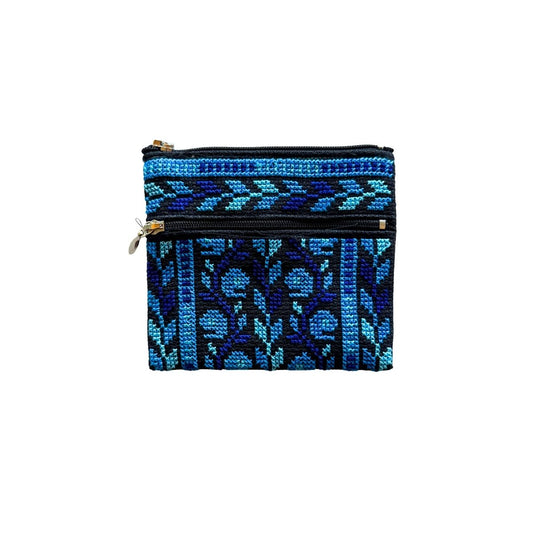 Embroidered Two Zipper Coin Purse - Idna Blue, 4.5 x 5 (in)