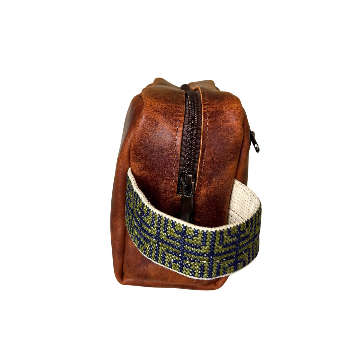 Leather Toiletry Bag w/Embroidery - Brown w/Green