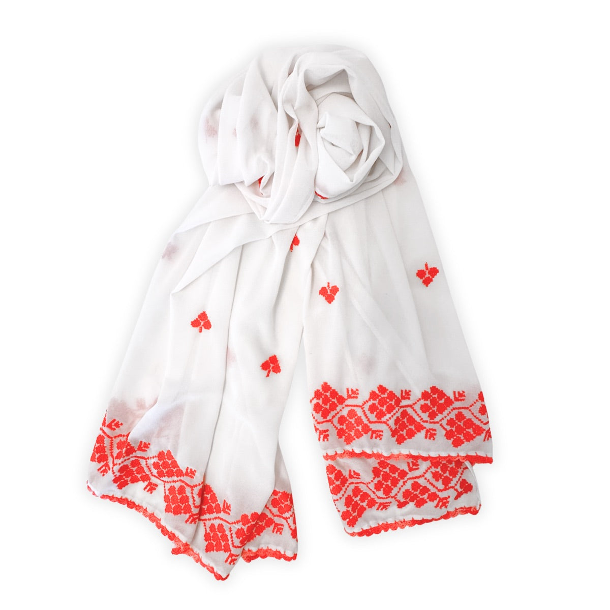 Embroidered Chiffon Scarf - Grapevines (White)