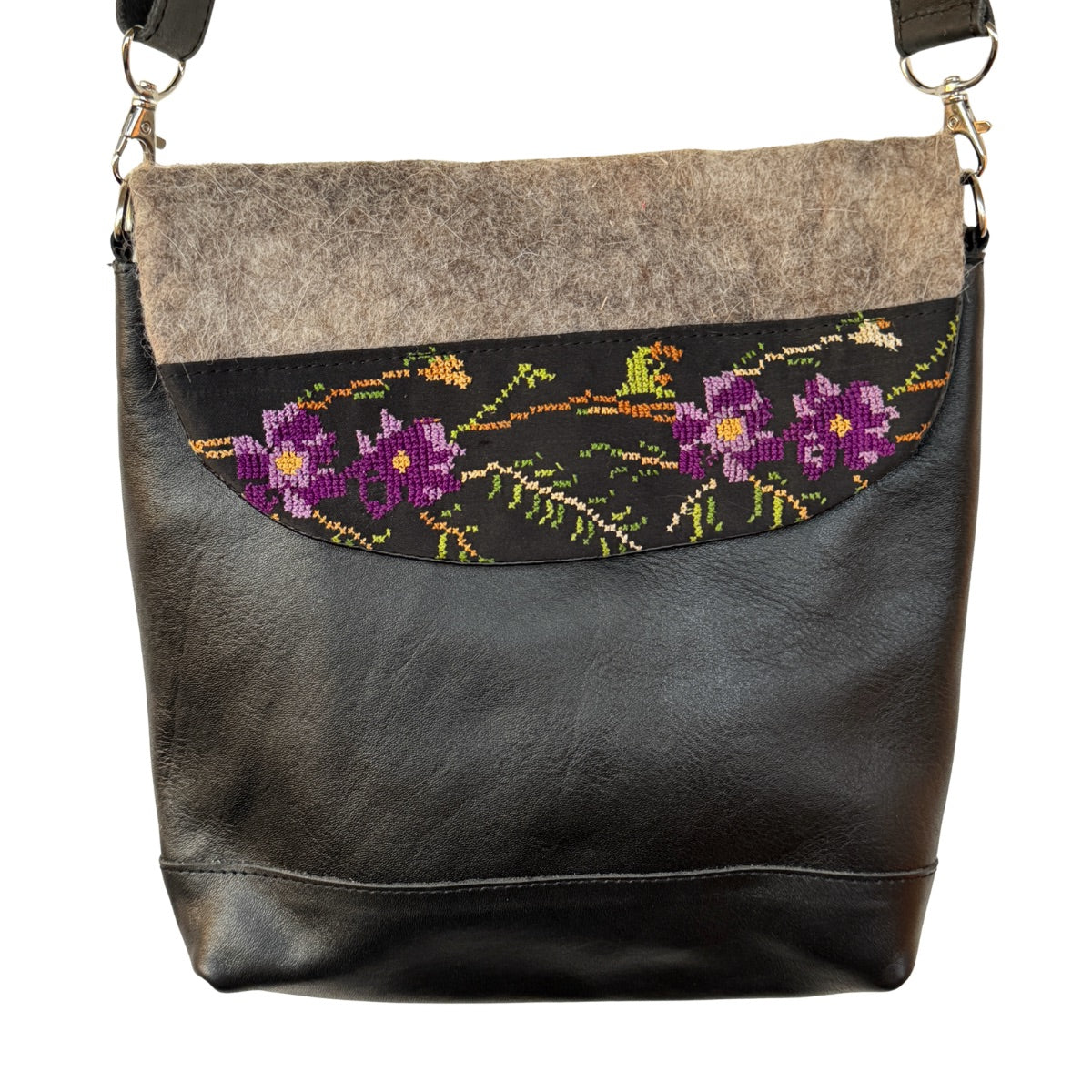 Felt and Leather Shoulder Bag w/Embroidery