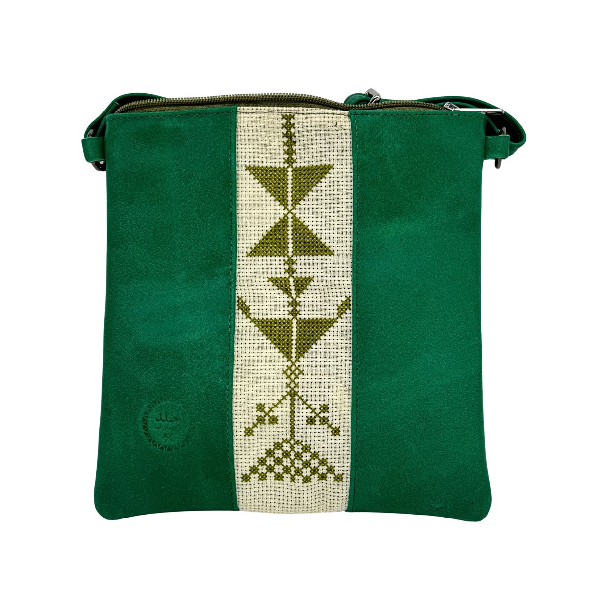 Leather Cross Body Bag w/Embroidery (Green/Green)