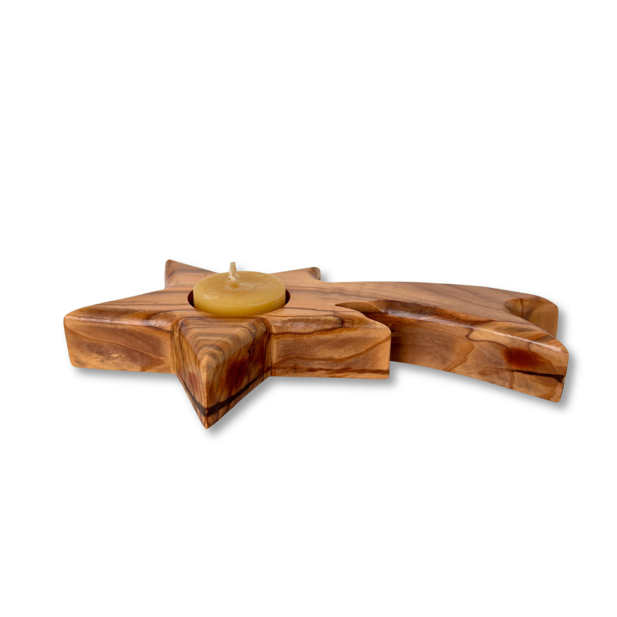 Olive Wood Candle. Holder - Shooting Star