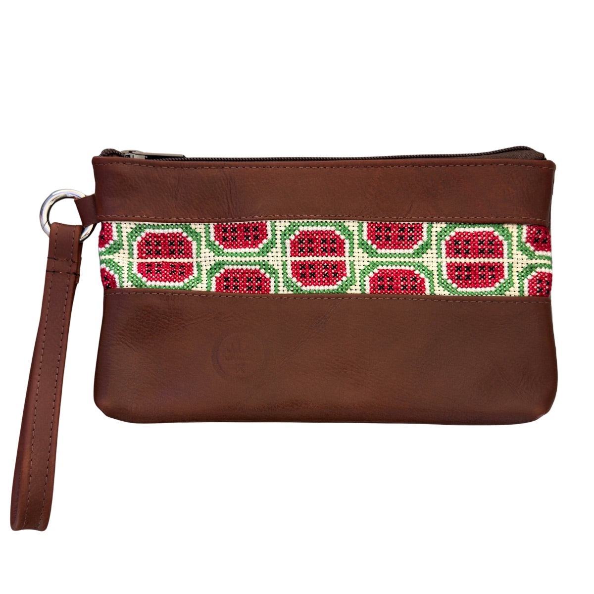 Leather Clutch w/Embroidery - Watermelon, Brown