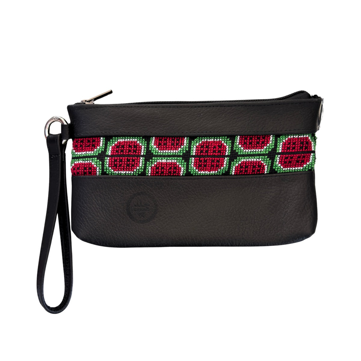 Leather Clutch w/Embroidery - Watermelon, Black
