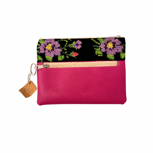Leather Clutch w/Embroidery (8.25"x6.25") - Deep Pink