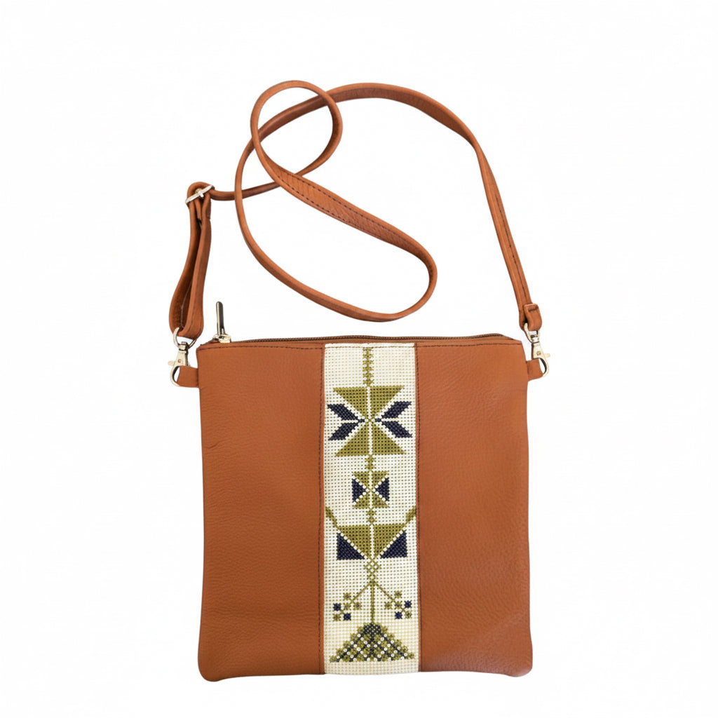 Leather Cross Body Bag w/Embroidery - Camel