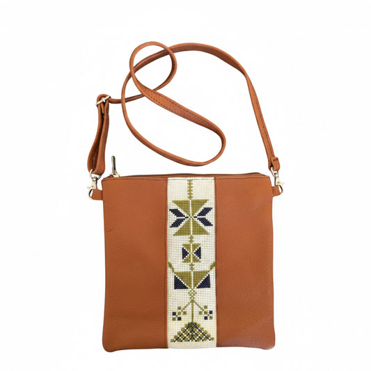 Leather Cross Body Bag w/Embroidery - Camel