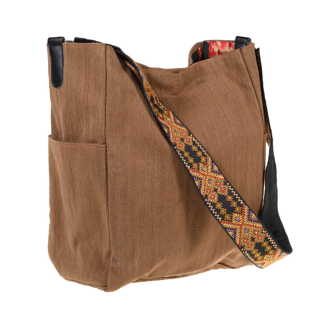 Shoulder Bucket Bag w/Embroidered Strap - Brown