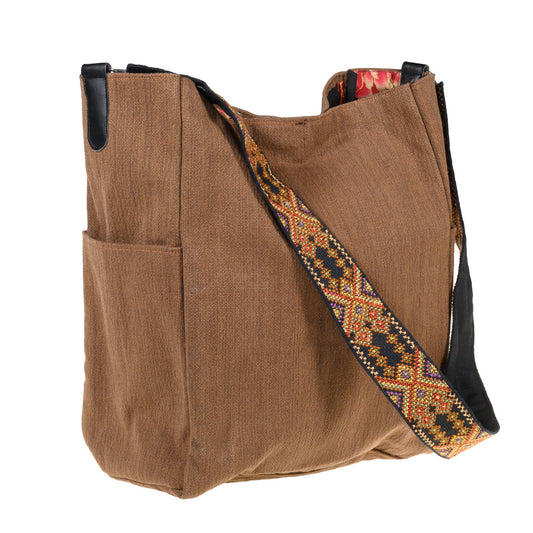 Shoulder Bucket Bag w/Embroidered Strap - Brown