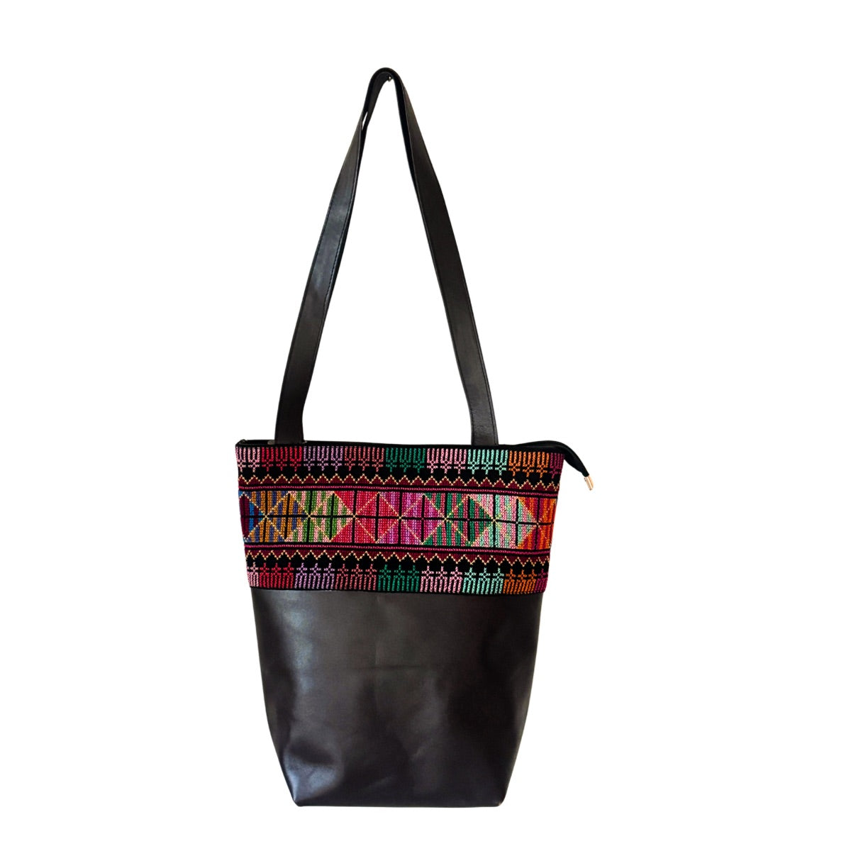 Embroidered Leather Bucket Bag (Brown) - Multicolor