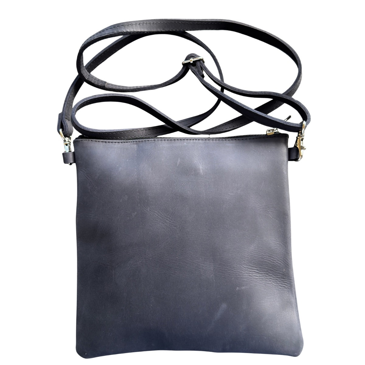 Leather Cross Body Bag w/Embroidery - Blue Black