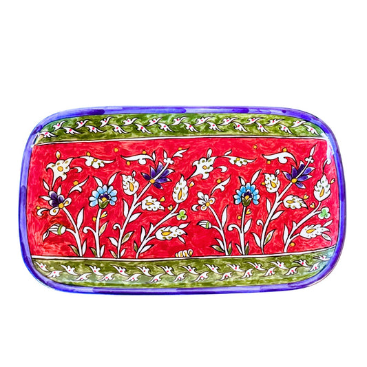 Ceramic Rectangular Serving Plate (12”) - Floral, Red