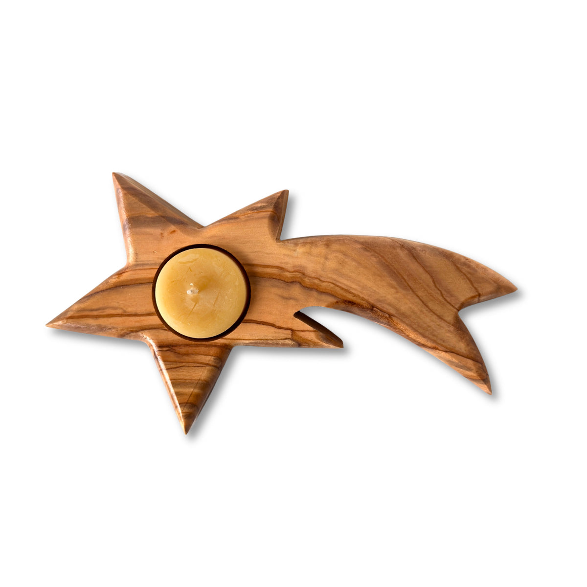 Olive Wood Candle. Holder - Shooting Star