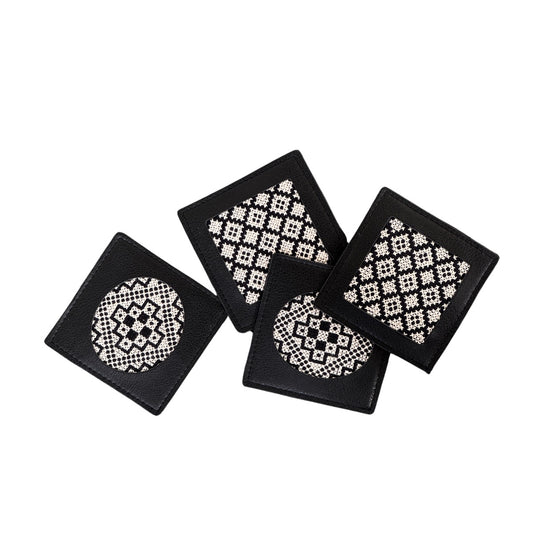 Leather Tatreez Coaster Set of 4 - Black & White