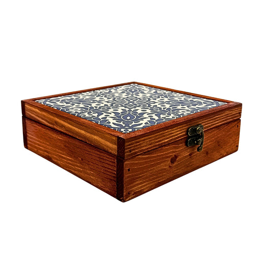 Wood & Ceramic Tile Box - Blue Floral