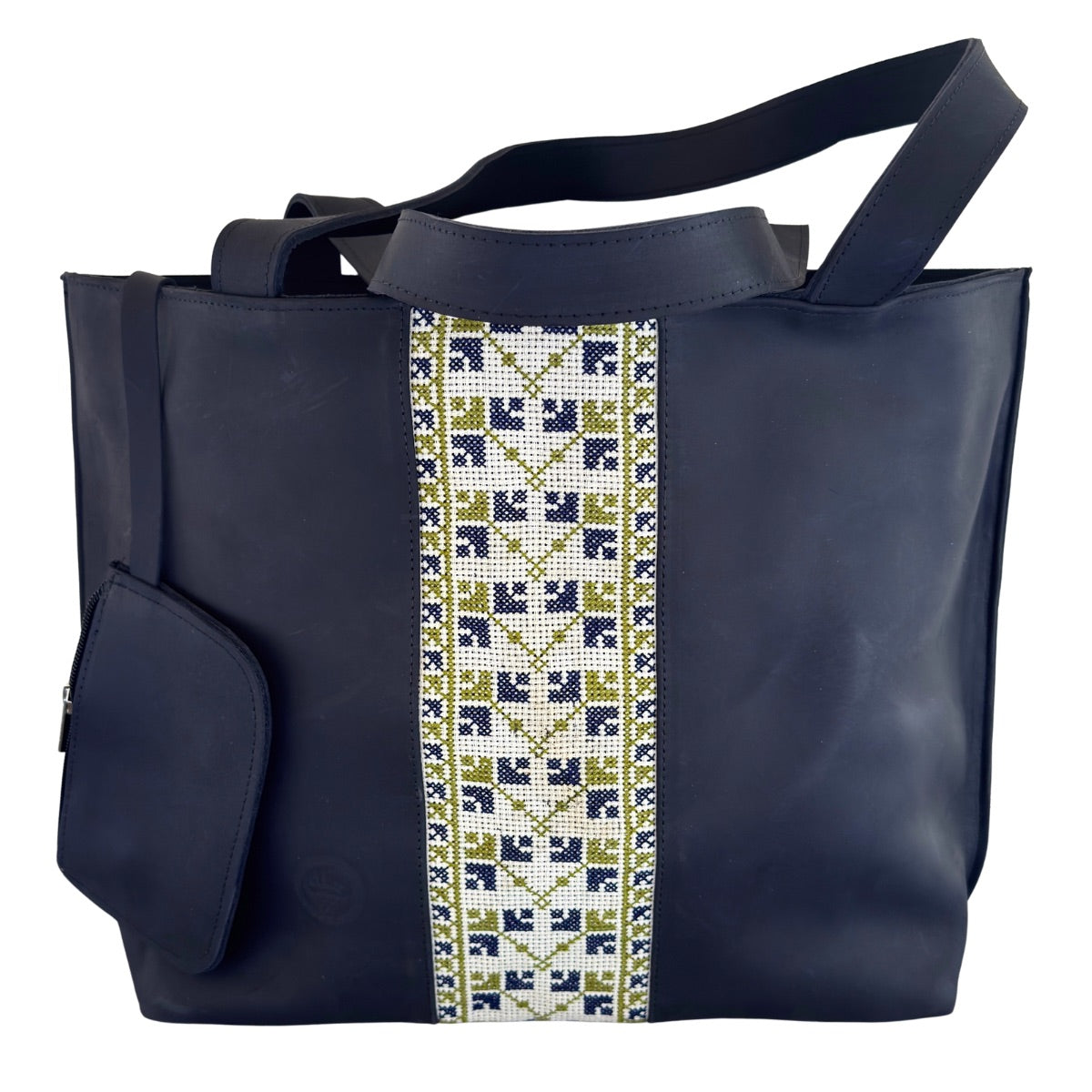 Leather Tote Bag w/Embroidery - Blue Black