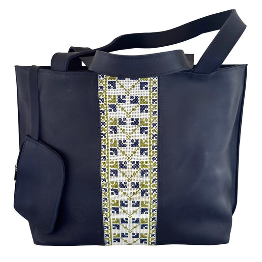 Leather Tote Bag w/Embroidery - Blue Black