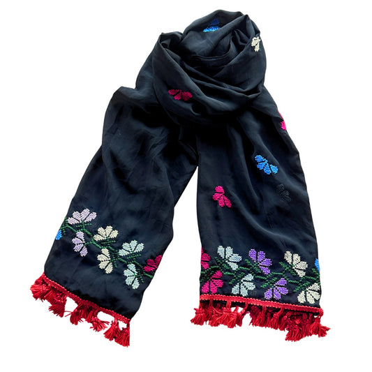 Embroidered Chiffon Scarf - Flowers w/Red Tassels