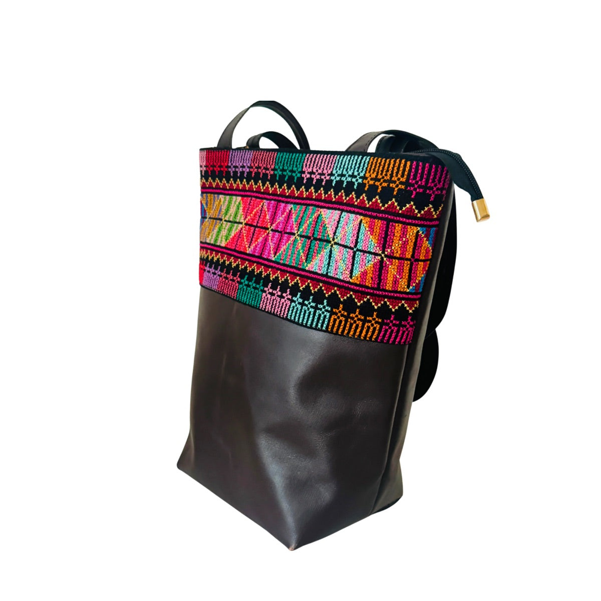 Embroidered Leather Bucket Bag (Brown) - Multicolor