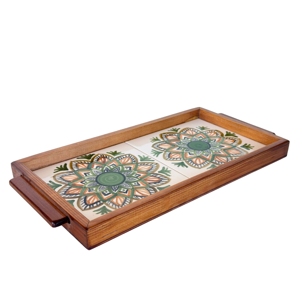 Ceramic & Wood Serving 2 Tile Tray -