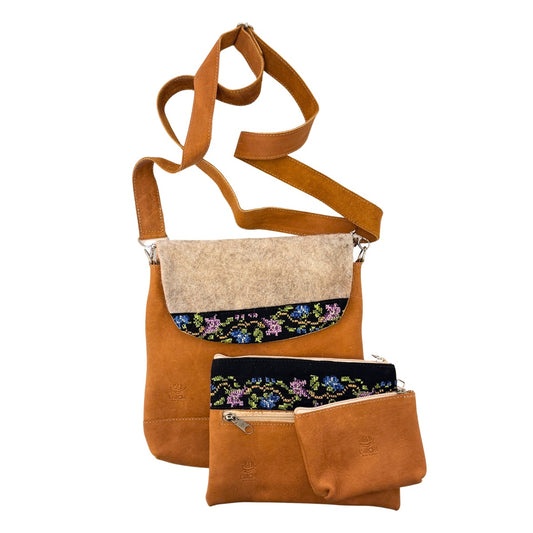 Leather Embroidered and Felted Purse (Set of 3) - Natural