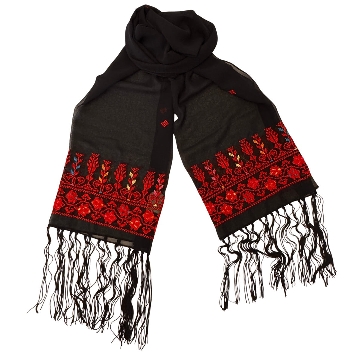 Embroidered Chiffon Scarf - Red Saru w/Fringe