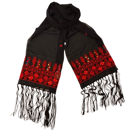 Embroidered Chiffon Scarf - Red Saru w/Fringe