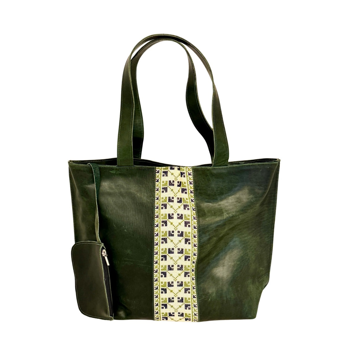 Leather Tote Bag with Embroidery - Dark Green