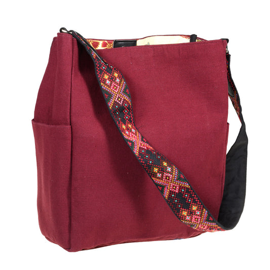 Shoulder Bucket Bag w/Embroidered Strap - Red