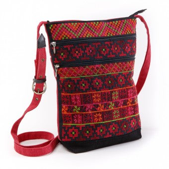 Embroidered Three Zipper Shoulder Bag - Red