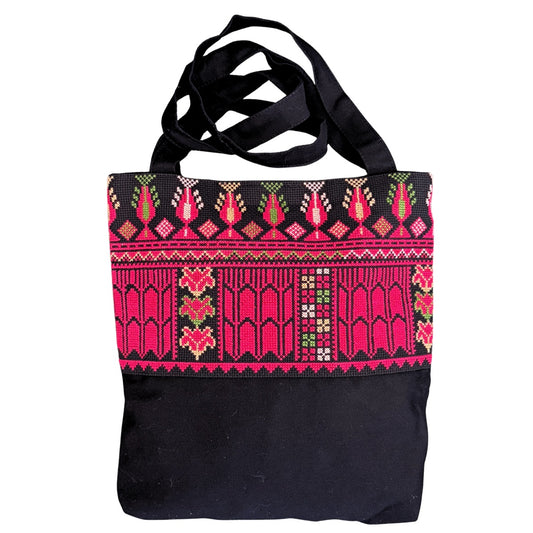 Embroidered Tote Bag (Black) - Red